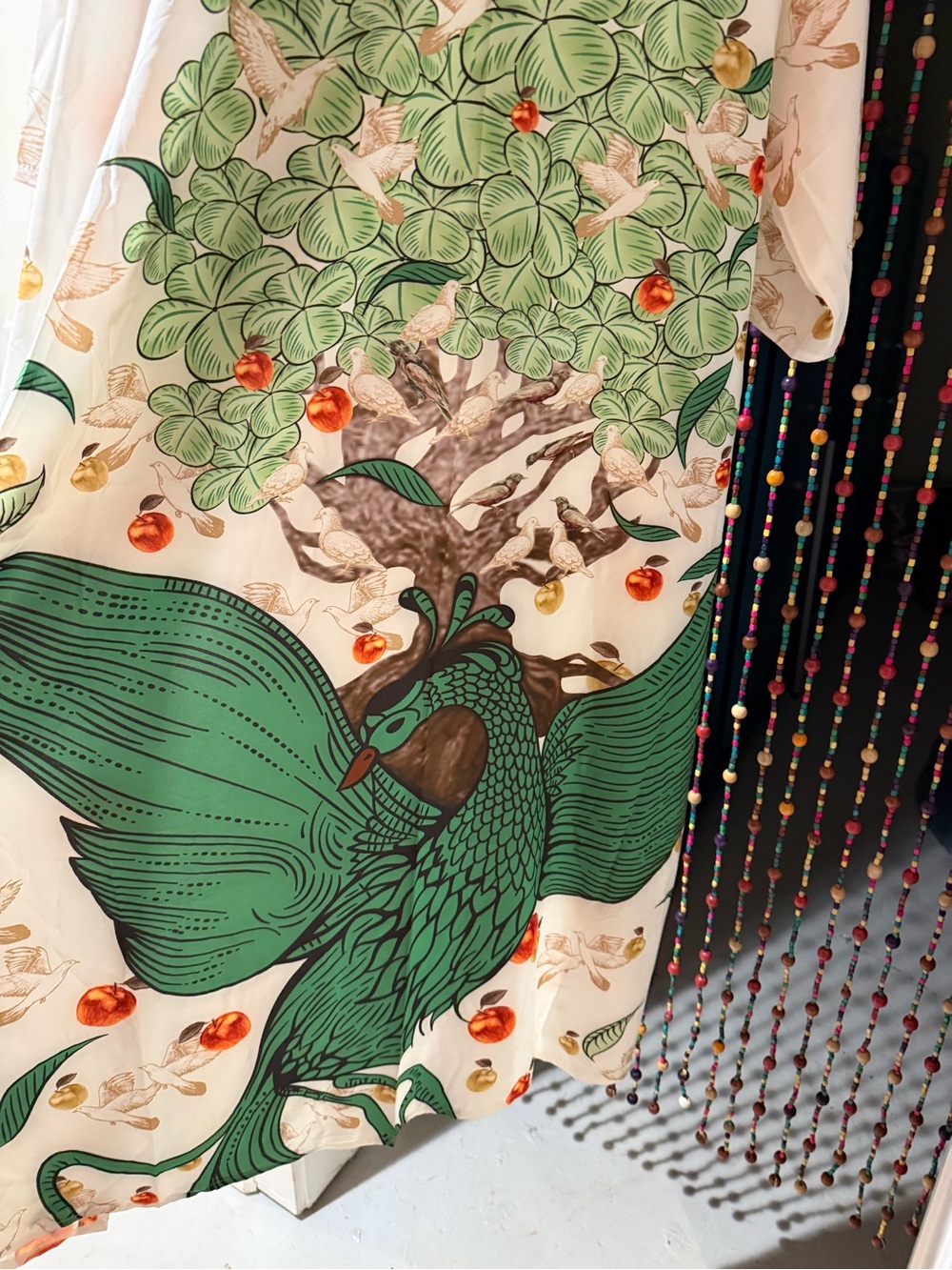 Green Peacock-Print Satin Robe with Tree Motif